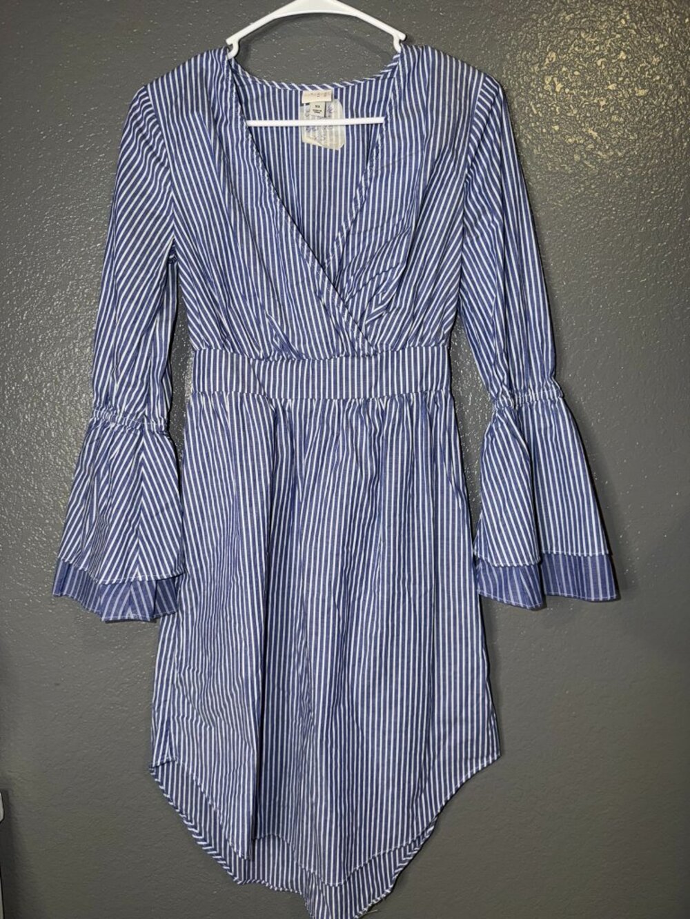 A New Day Women’s XS Blue White Striped Wrap Dress Bell Sleeve High Low